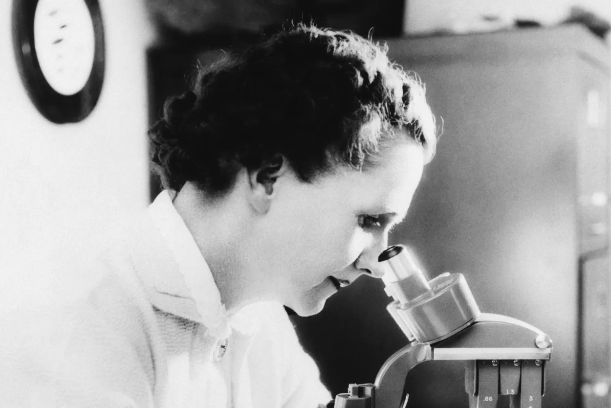 Рэйчел Карсон смотрит в микроскоп