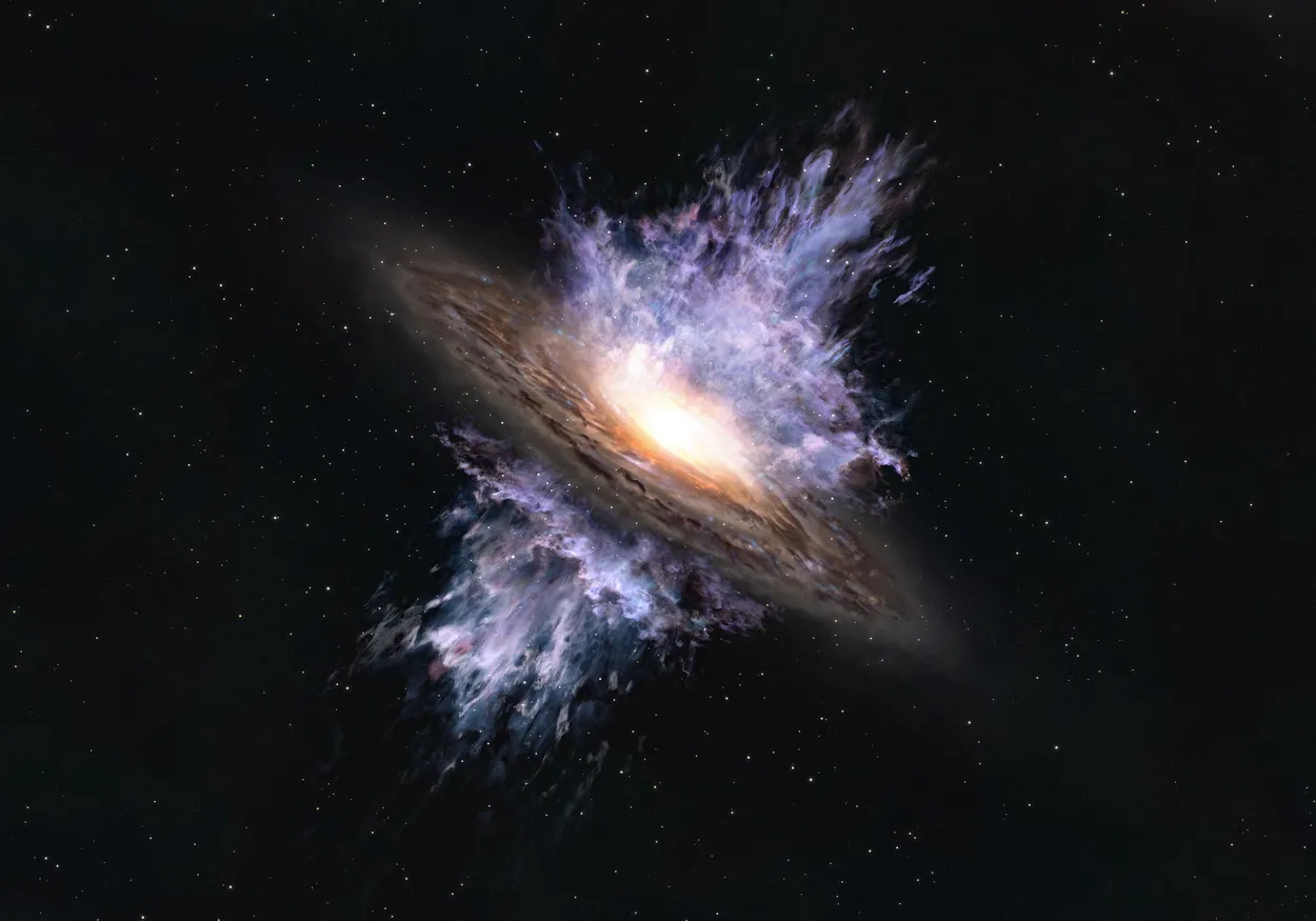 Художественная иллюстрация галактического ветра, который движет сверхмассивная черная дыра