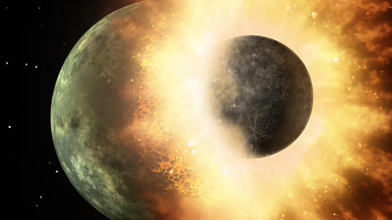 Небесное тело размером с земную Луну врезается на огромной скорости в тело размером с Меркурий