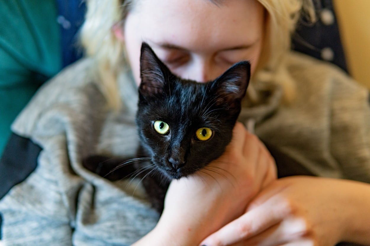 Блондинка целует черную кошку с желтыми глазами