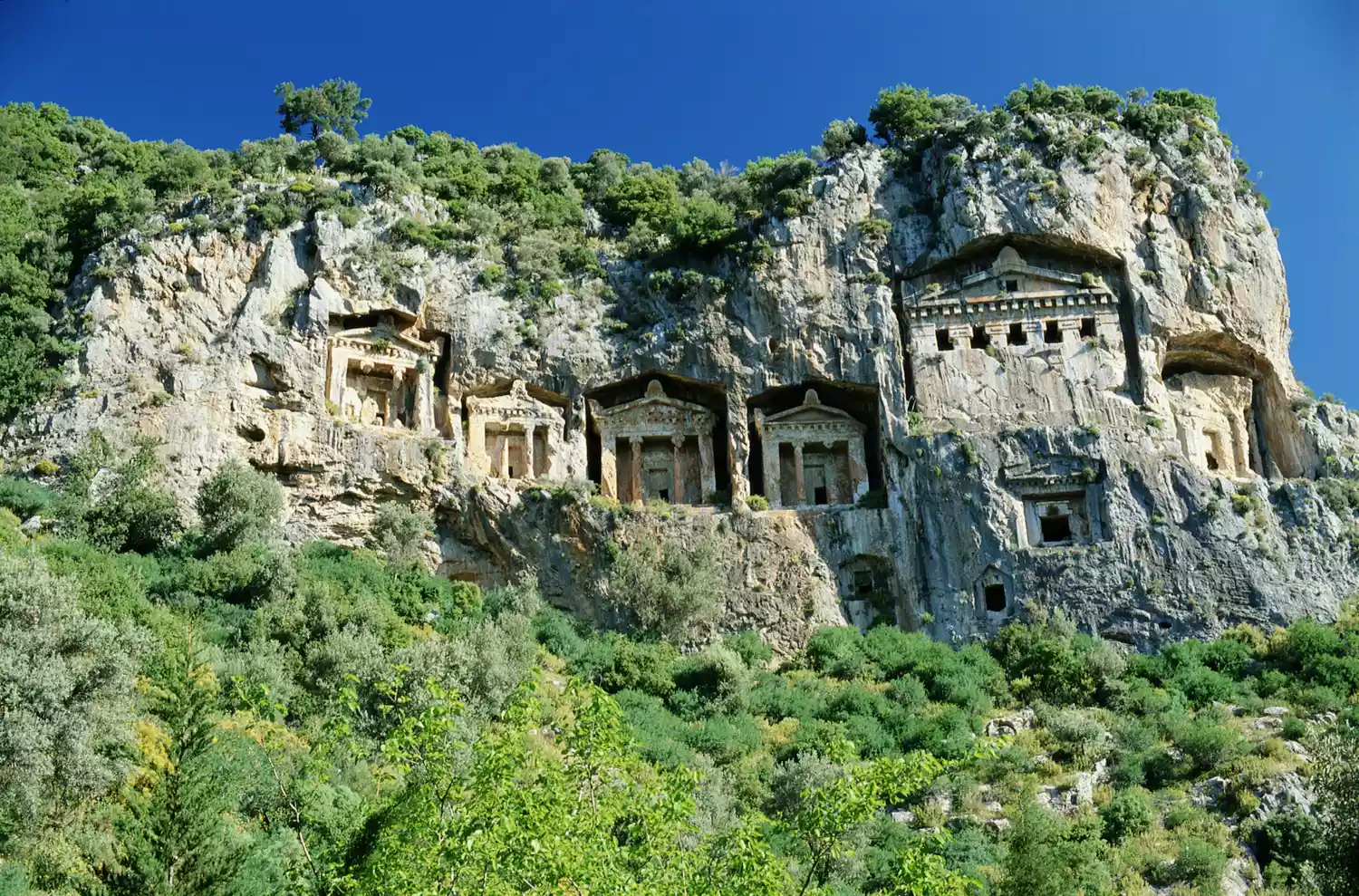 Ликийские скальные гробницы, окруженные пышными зелеными растениями
