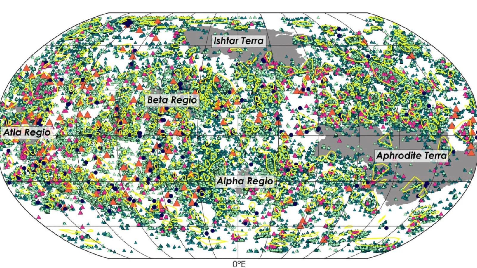 Карта вулканов Венеры. Карта покрыта тысячами разноцветных символов.