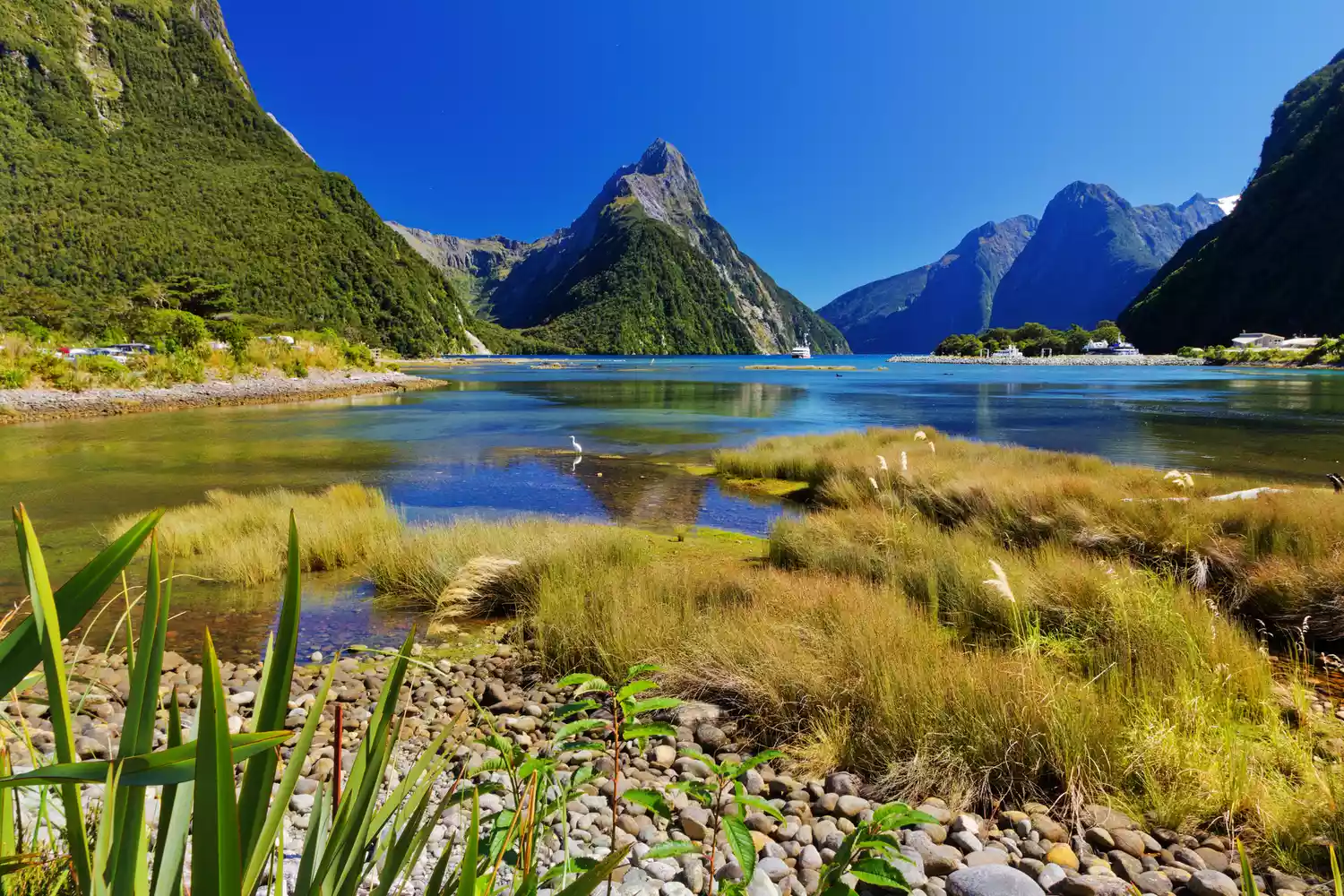 Зелено-голубые воды фьорда Милфорд-Саунд с видом на пик Митре, Новая Зеландия